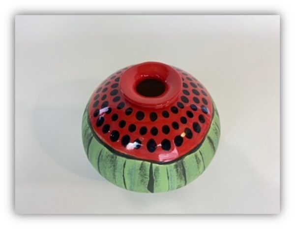 A handmade earthenware small vase, finished with a variety of techniques to resemble a Watermelon.