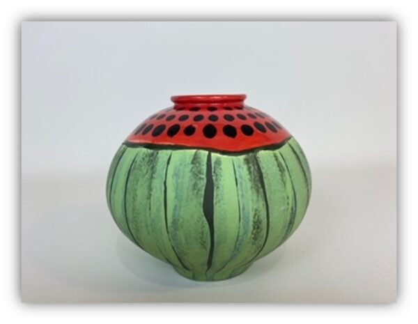 A handmade earthenware small vase, finished with a variety of techniques to resemble a Watermelon.